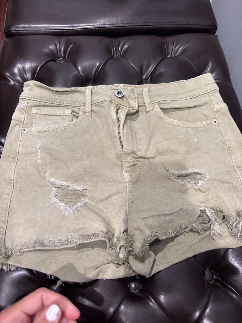 Frayed Hem Distressed Olive Green Denim Shorts